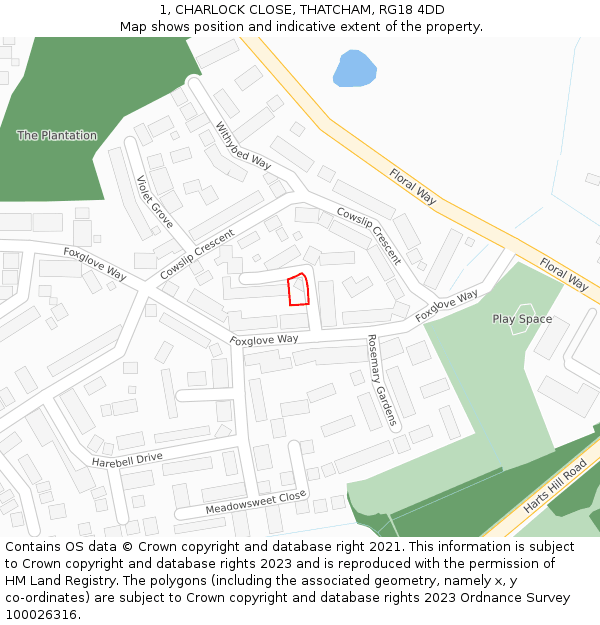 1, CHARLOCK CLOSE, THATCHAM, RG18 4DD: Location map and indicative extent of plot