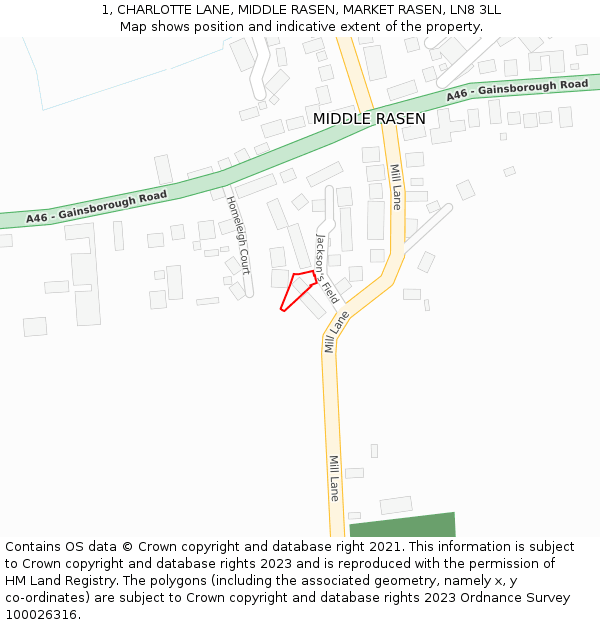 1, CHARLOTTE LANE, MIDDLE RASEN, MARKET RASEN, LN8 3LL: Location map and indicative extent of plot