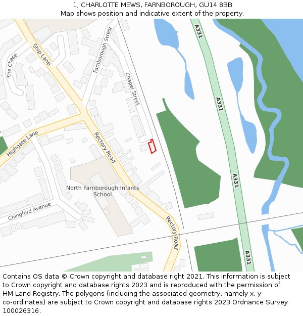 1, CHARLOTTE MEWS, FARNBOROUGH, GU14 8BB: Location map and indicative extent of plot