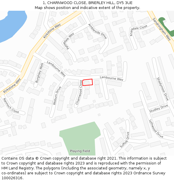 1, CHARNWOOD CLOSE, BRIERLEY HILL, DY5 3UE: Location map and indicative extent of plot