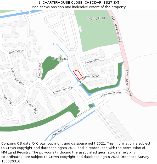 1, CHARTERHOUSE CLOSE, CHEDDAR, BS27 3XT: Location map and indicative extent of plot