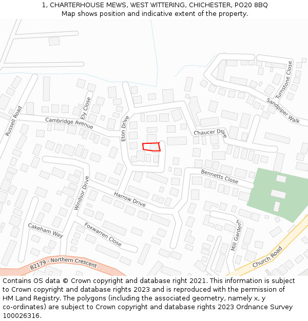 1, CHARTERHOUSE MEWS, WEST WITTERING, CHICHESTER, PO20 8BQ: Location map and indicative extent of plot