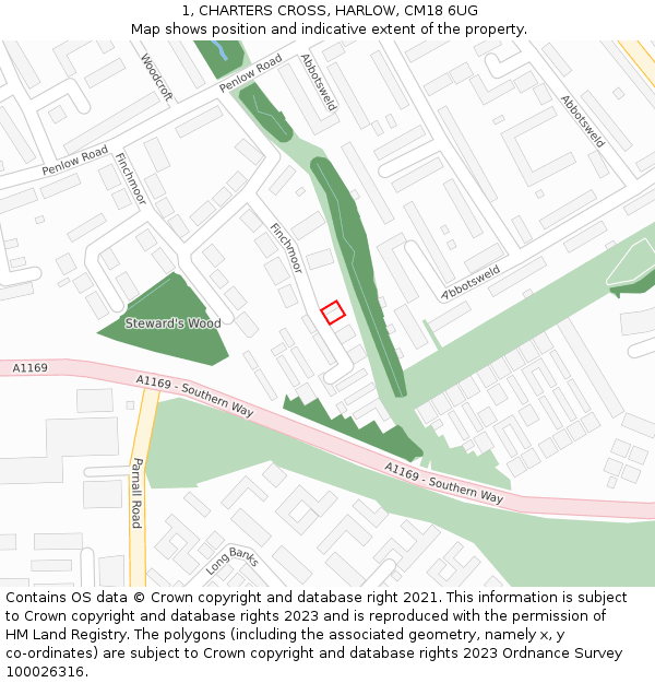 1, CHARTERS CROSS, HARLOW, CM18 6UG: Location map and indicative extent of plot