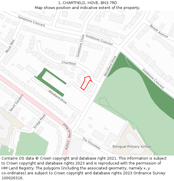 1, CHARTFIELD, HOVE, BN3 7RD: Location map and indicative extent of plot