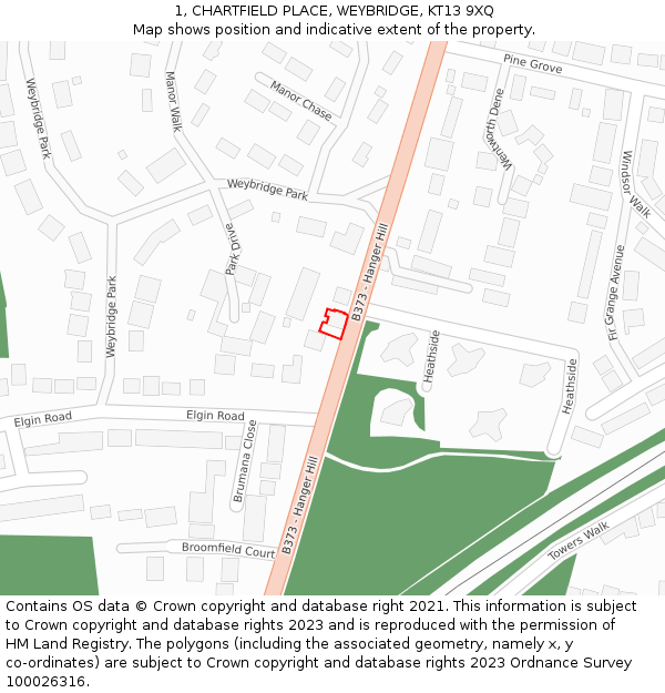 1, CHARTFIELD PLACE, WEYBRIDGE, KT13 9XQ: Location map and indicative extent of plot