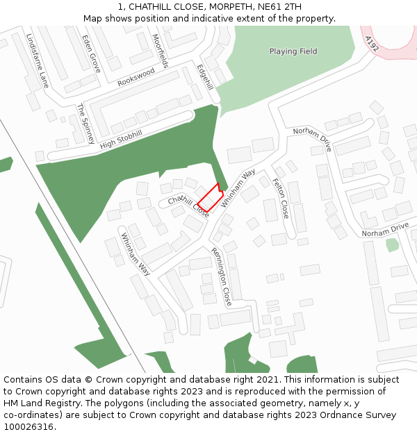 1, CHATHILL CLOSE, MORPETH, NE61 2TH: Location map and indicative extent of plot