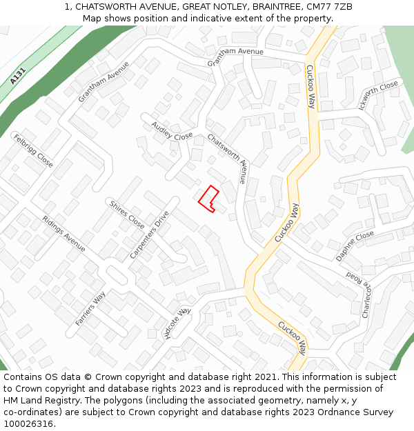 1, CHATSWORTH AVENUE, GREAT NOTLEY, BRAINTREE, CM77 7ZB: Location map and indicative extent of plot