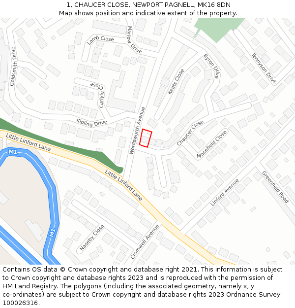 1, CHAUCER CLOSE, NEWPORT PAGNELL, MK16 8DN: Location map and indicative extent of plot