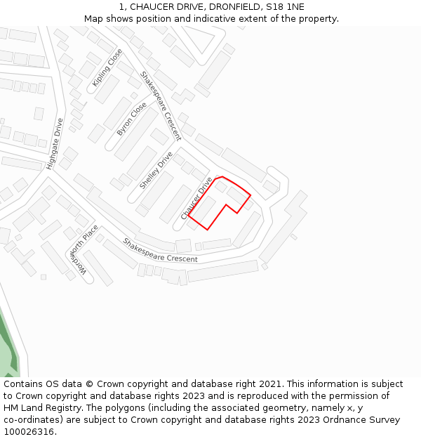 1, CHAUCER DRIVE, DRONFIELD, S18 1NE: Location map and indicative extent of plot