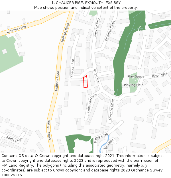 1, CHAUCER RISE, EXMOUTH, EX8 5SY: Location map and indicative extent of plot