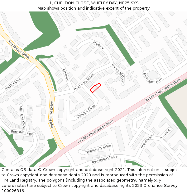 1, CHELDON CLOSE, WHITLEY BAY, NE25 9XS: Location map and indicative extent of plot