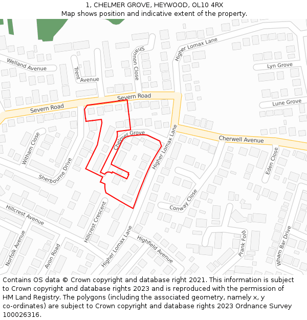 1, CHELMER GROVE, HEYWOOD, OL10 4RX: Location map and indicative extent of plot