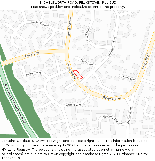 1, CHELSWORTH ROAD, FELIXSTOWE, IP11 2UD: Location map and indicative extent of plot