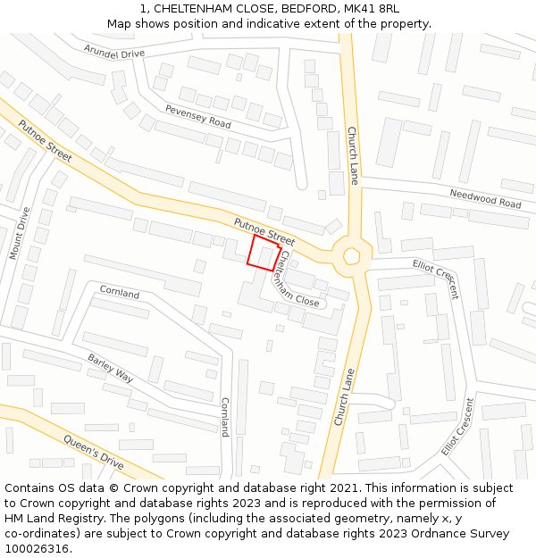 1, CHELTENHAM CLOSE, BEDFORD, MK41 8RL: Location map and indicative extent of plot