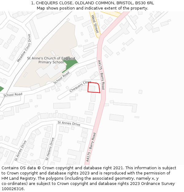 1, CHEQUERS CLOSE, OLDLAND COMMON, BRISTOL, BS30 6RL: Location map and indicative extent of plot