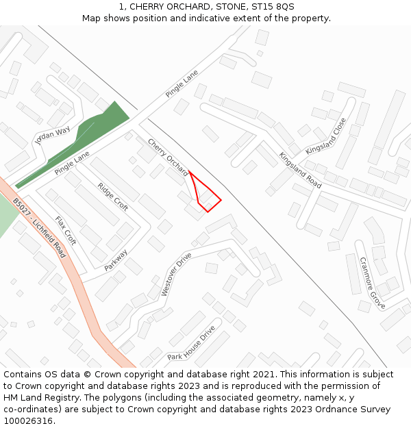 1, CHERRY ORCHARD, STONE, ST15 8QS: Location map and indicative extent of plot