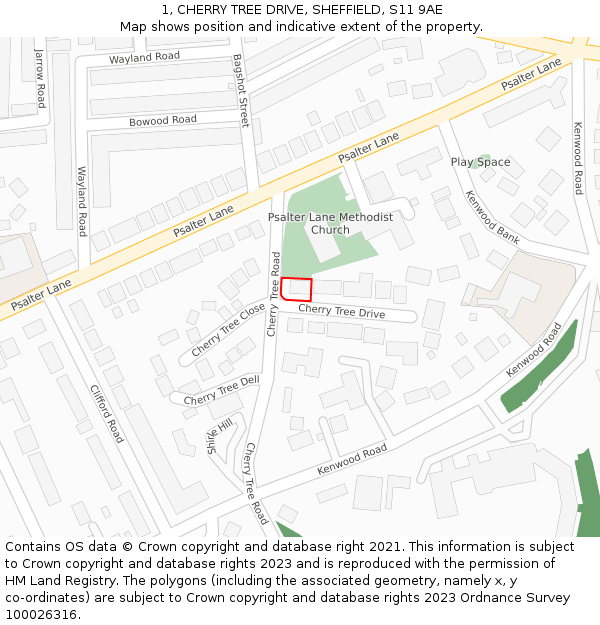 1, CHERRY TREE DRIVE, SHEFFIELD, S11 9AE: Location map and indicative extent of plot
