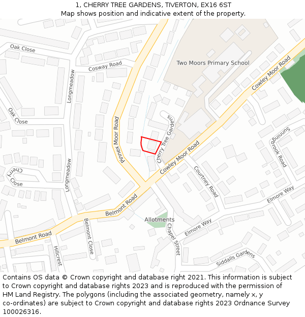 1, CHERRY TREE GARDENS, TIVERTON, EX16 6ST: Location map and indicative extent of plot