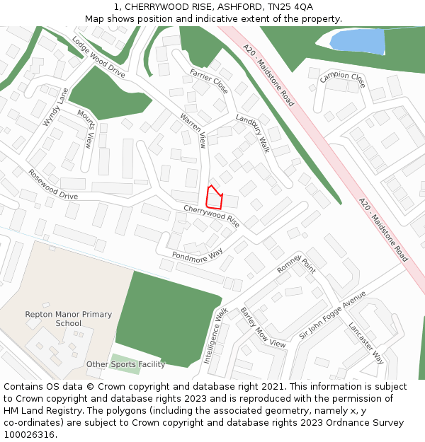 1, CHERRYWOOD RISE, ASHFORD, TN25 4QA: Location map and indicative extent of plot
