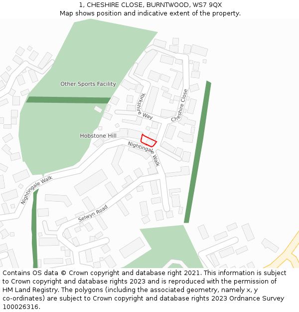 1, CHESHIRE CLOSE, BURNTWOOD, WS7 9QX: Location map and indicative extent of plot