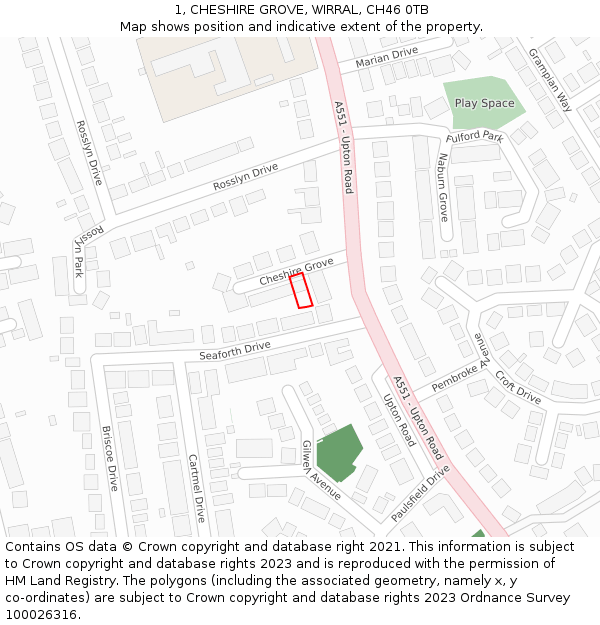 1, CHESHIRE GROVE, WIRRAL, CH46 0TB: Location map and indicative extent of plot