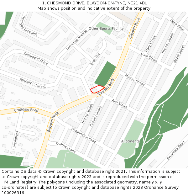 1, CHESMOND DRIVE, BLAYDON-ON-TYNE, NE21 4BL: Location map and indicative extent of plot