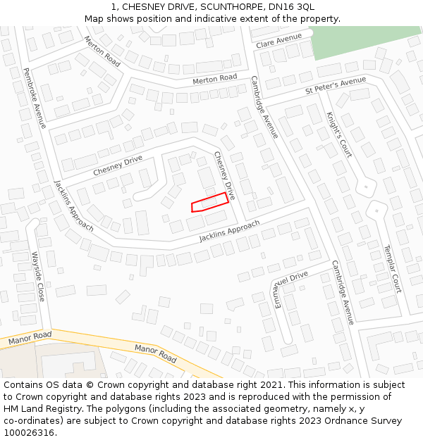 1, CHESNEY DRIVE, SCUNTHORPE, DN16 3QL: Location map and indicative extent of plot