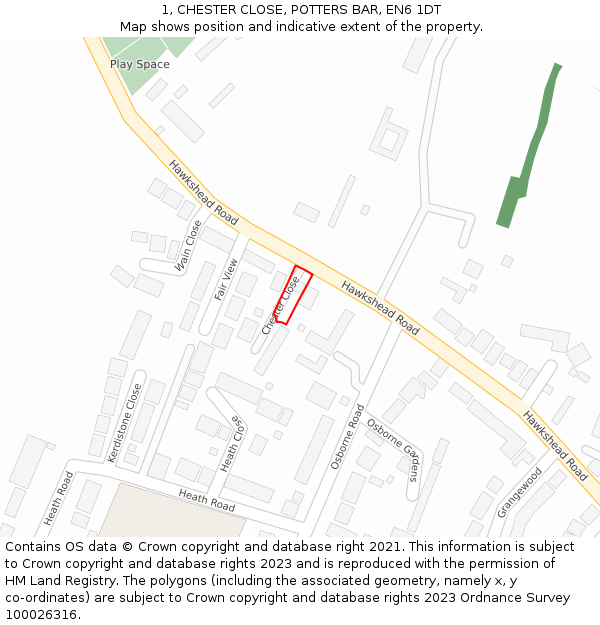 1, CHESTER CLOSE, POTTERS BAR, EN6 1DT: Location map and indicative extent of plot