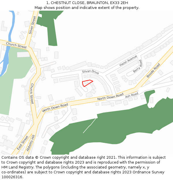 1, CHESTNUT CLOSE, BRAUNTON, EX33 2EH: Location map and indicative extent of plot