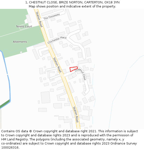 1, CHESTNUT CLOSE, BRIZE NORTON, CARTERTON, OX18 3YN: Location map and indicative extent of plot