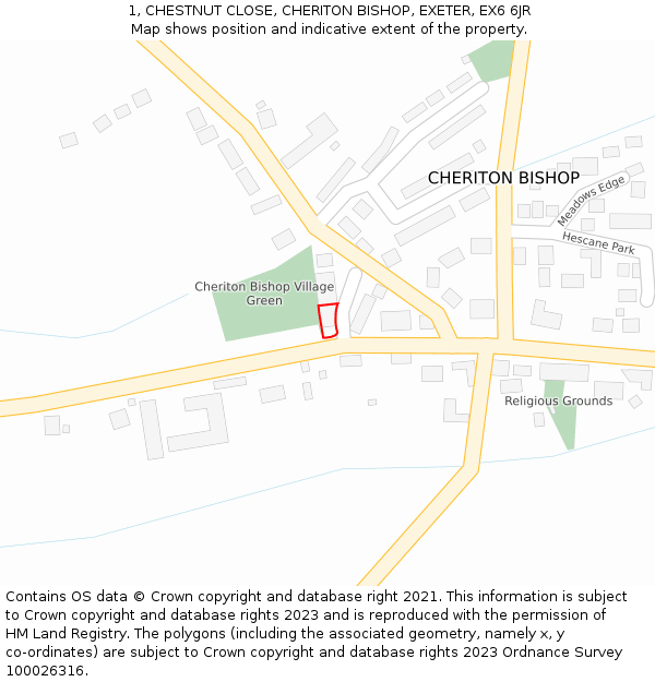 1, CHESTNUT CLOSE, CHERITON BISHOP, EXETER, EX6 6JR: Location map and indicative extent of plot