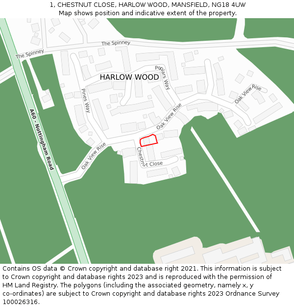 1, CHESTNUT CLOSE, HARLOW WOOD, MANSFIELD, NG18 4UW: Location map and indicative extent of plot