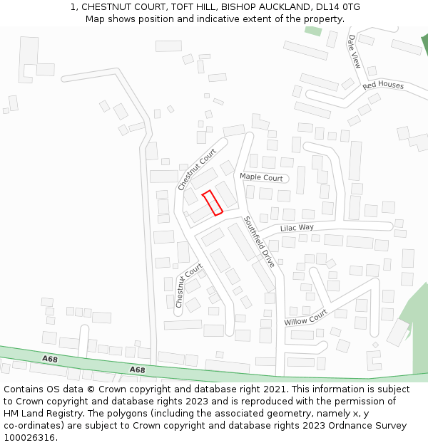 1, CHESTNUT COURT, TOFT HILL, BISHOP AUCKLAND, DL14 0TG: Location map and indicative extent of plot