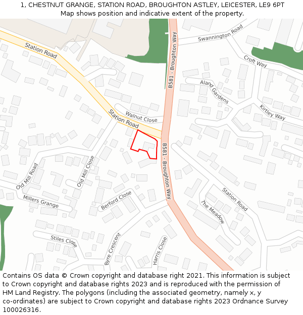 1, CHESTNUT GRANGE, STATION ROAD, BROUGHTON ASTLEY, LEICESTER, LE9 6PT: Location map and indicative extent of plot