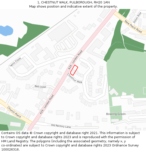 1, CHESTNUT WALK, PULBOROUGH, RH20 1AN: Location map and indicative extent of plot