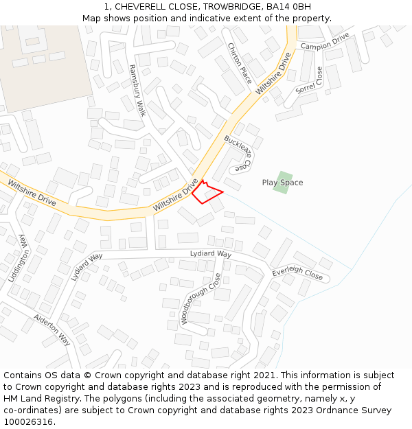 1, CHEVERELL CLOSE, TROWBRIDGE, BA14 0BH: Location map and indicative extent of plot