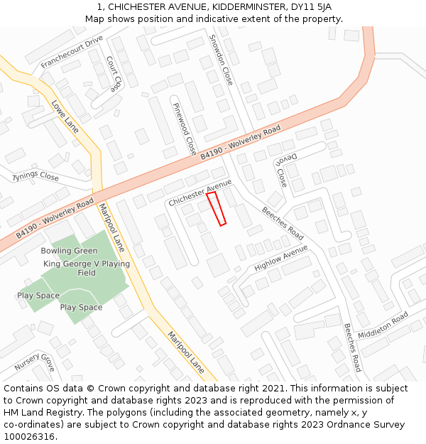 1, CHICHESTER AVENUE, KIDDERMINSTER, DY11 5JA: Location map and indicative extent of plot