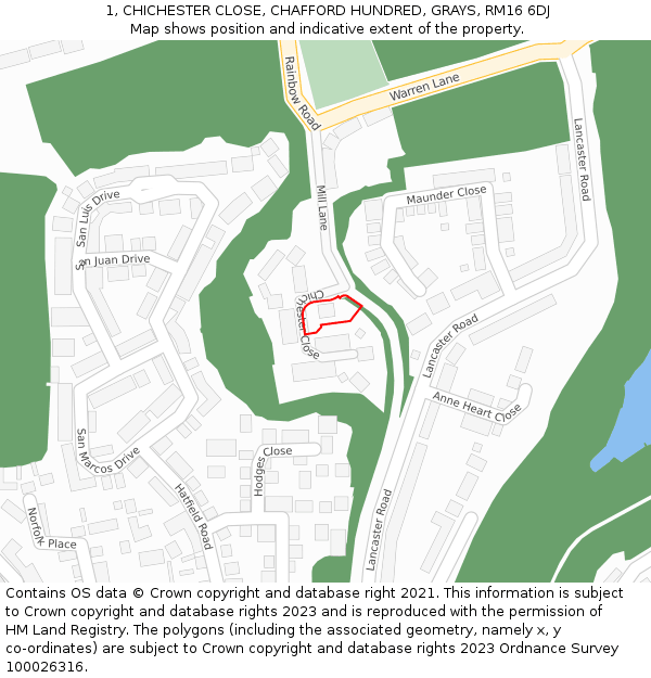 1, CHICHESTER CLOSE, CHAFFORD HUNDRED, GRAYS, RM16 6DJ: Location map and indicative extent of plot