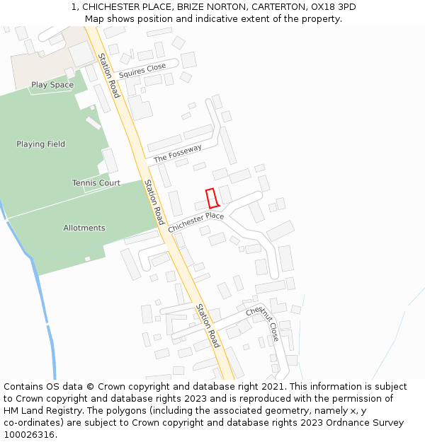 1, CHICHESTER PLACE, BRIZE NORTON, CARTERTON, OX18 3PD: Location map and indicative extent of plot