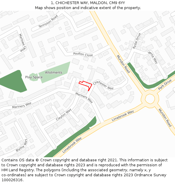 1, CHICHESTER WAY, MALDON, CM9 6YY: Location map and indicative extent of plot