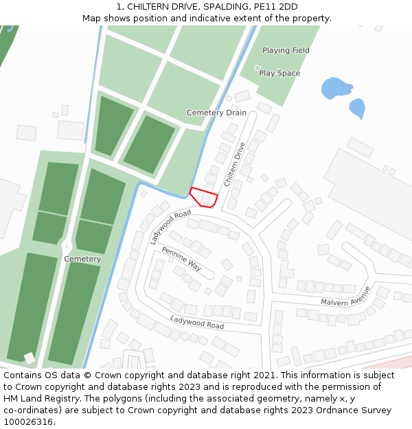 1, CHILTERN DRIVE, SPALDING, PE11 2DD: Location map and indicative extent of plot