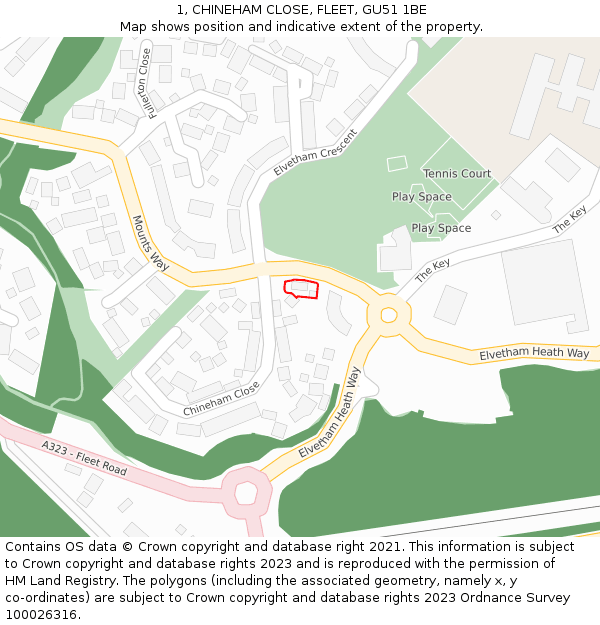 1, CHINEHAM CLOSE, FLEET, GU51 1BE: Location map and indicative extent of plot