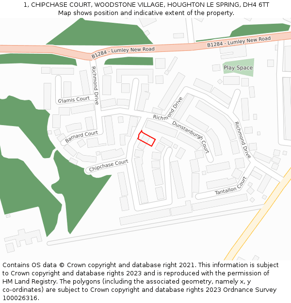 1, CHIPCHASE COURT, WOODSTONE VILLAGE, HOUGHTON LE SPRING, DH4 6TT: Location map and indicative extent of plot