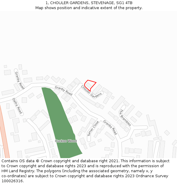 1, CHOULER GARDENS, STEVENAGE, SG1 4TB: Location map and indicative extent of plot