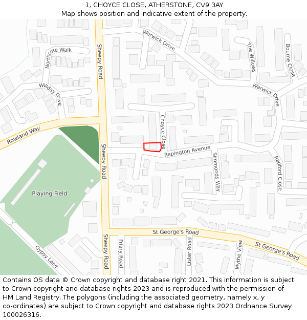 1, CHOYCE CLOSE, ATHERSTONE, CV9 3AY: Location map and indicative extent of plot