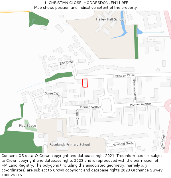 1, CHRISTIAN CLOSE, HODDESDON, EN11 9FF: Location map and indicative extent of plot