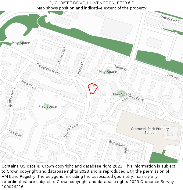 1, CHRISTIE DRIVE, HUNTINGDON, PE29 6JD: Location map and indicative extent of plot