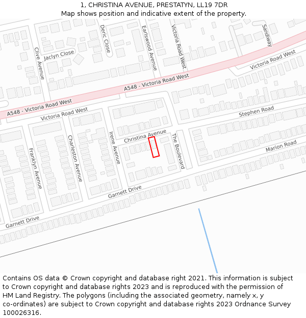 1, CHRISTINA AVENUE, PRESTATYN, LL19 7DR: Location map and indicative extent of plot