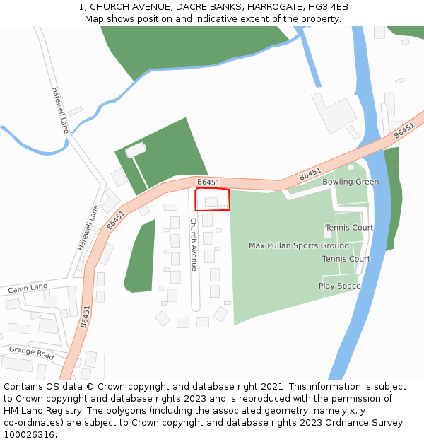 1, CHURCH AVENUE, DACRE BANKS, HARROGATE, HG3 4EB: Location map and indicative extent of plot