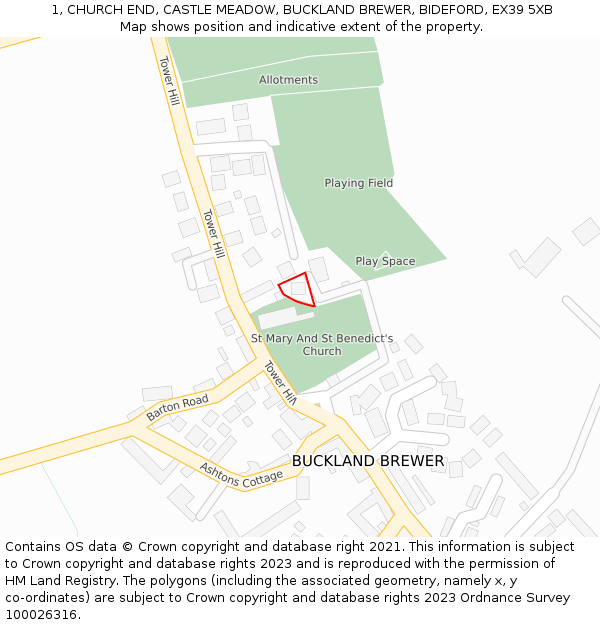 1, CHURCH END, CASTLE MEADOW, BUCKLAND BREWER, BIDEFORD, EX39 5XB: Location map and indicative extent of plot